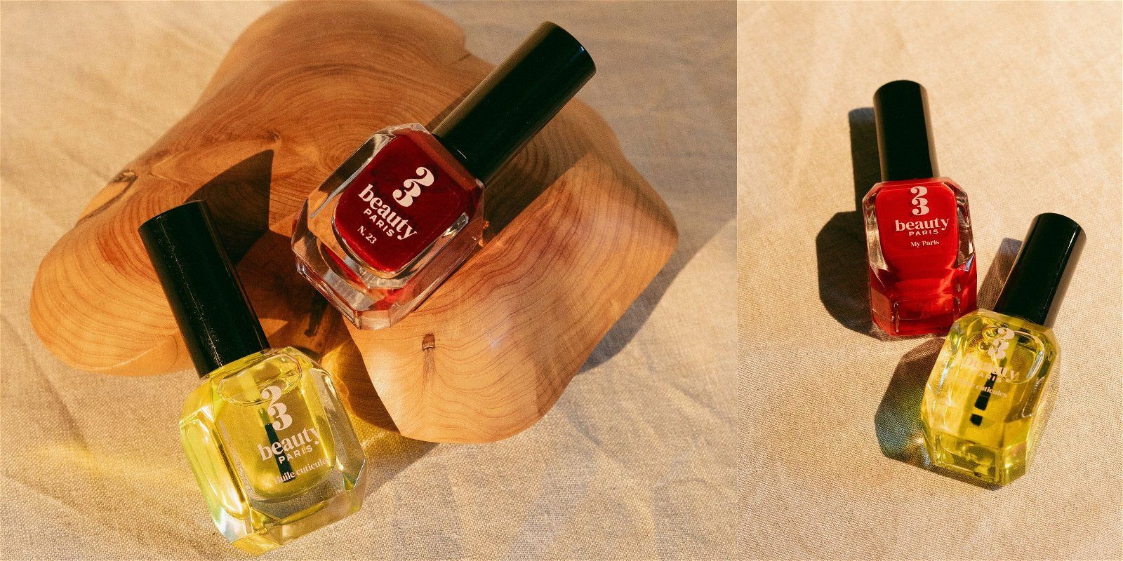 2 couleurs de vernis à ongles de la marque  23Beauty Paris, un rouge (My paris), un bordeaux (N.23) et une huile cuticules.